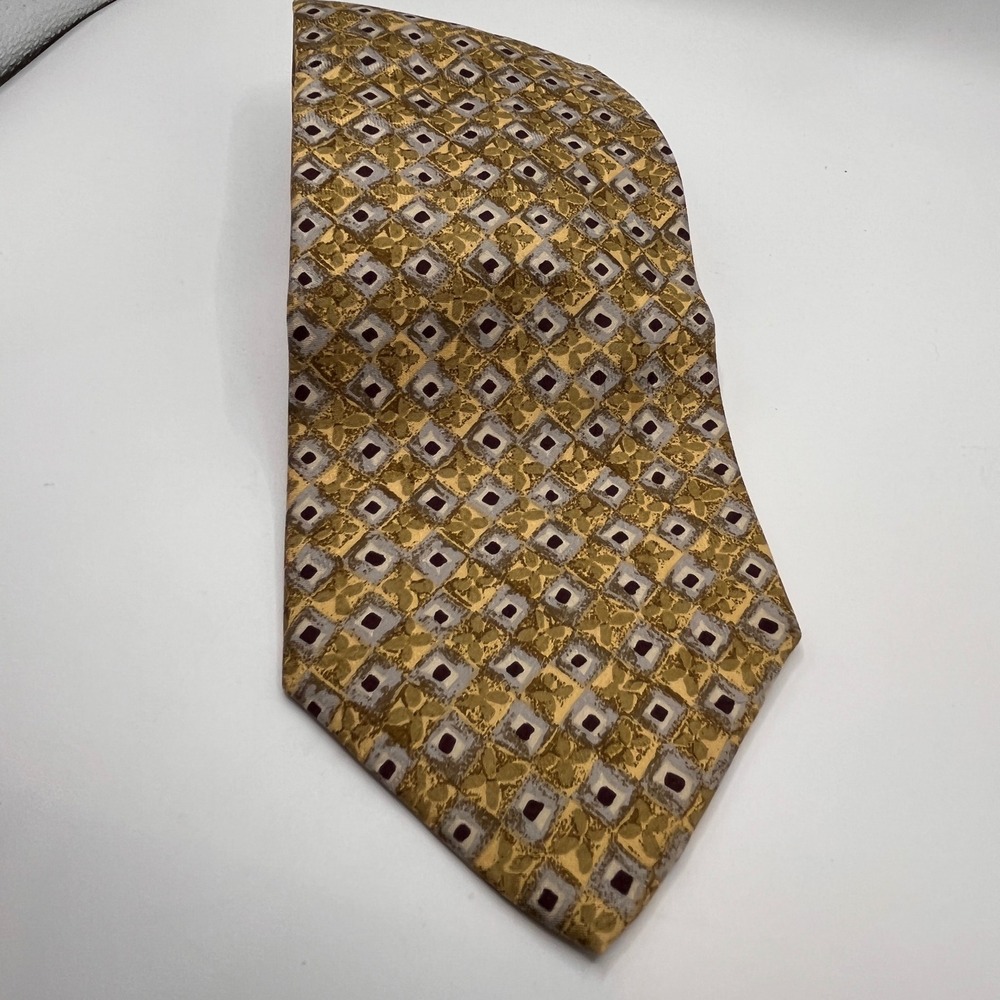 Robert‎ Talbott Studio Mens Silk Tie Geometric Pattern Gold Burgundy Made USA